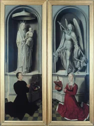 Ansicht des Jüngsten Gerichts mit geschlossenen Tafeln, die die Stifter Angelo di Jacopo Tani und seine Frau Caterina de Tanagli unter der Madonna mit Kind und St. Michael darstellen, 1473